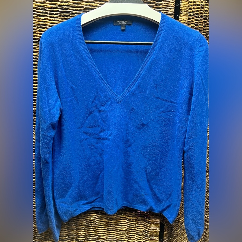 Burberry Royal Blue V-Neck Sweater- Cashmere, Large Womens